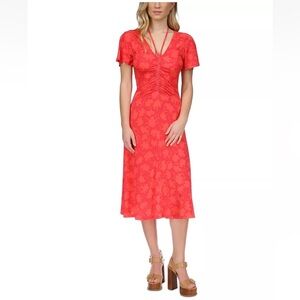 NWT Michael Kors Flutter Sleeve Ruched Midi Dress In Deep Pink Red Size XL
